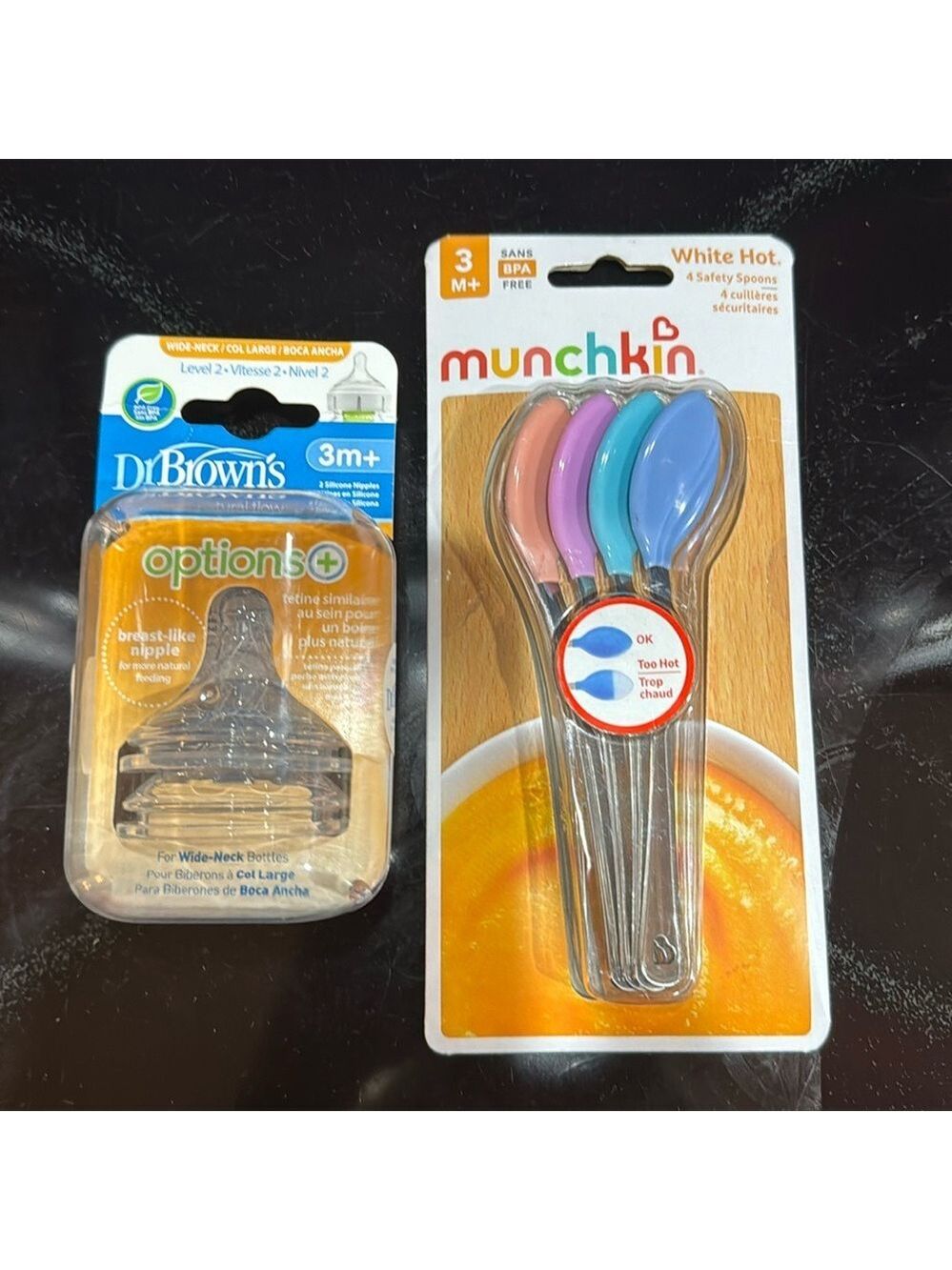 Dr Browns 3m Wide Nexk Nipples.  Level 2 and Muchkin 3m+ White Hot spoons